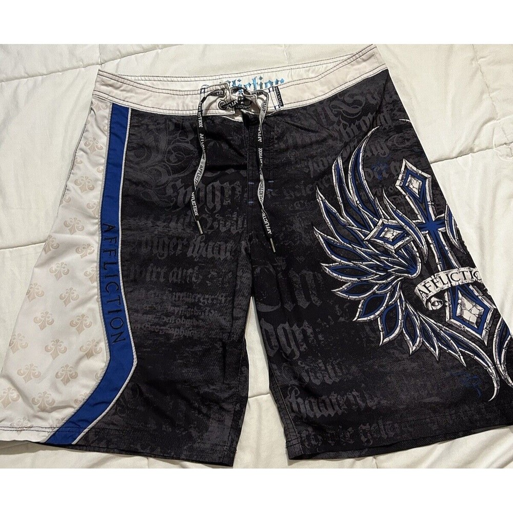 Affliction Drawstring Board Shorts Swim Trunks Cross Fleur De Lis Pocket Sz 36